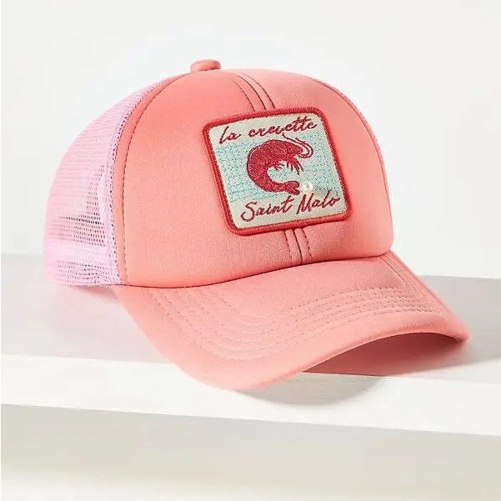 Anthropologie Crawfish Shrimp Pearl Trucker Hat with Embroidered Patch New